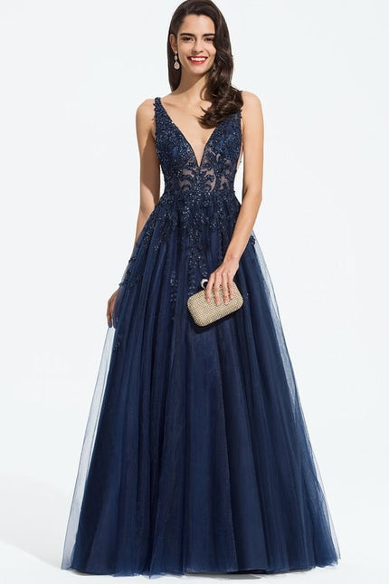 Robe de Soirée Longue Bleue Dentelle Et Paillettes - gallery 4