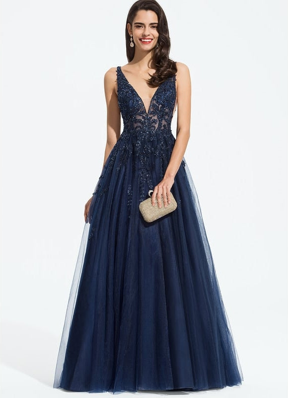 Robe de Soirée Longue Bleue Dentelle Et Paillettes - gallery 4