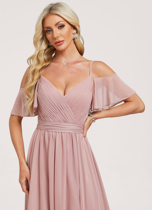 Robe de Soirée Longue Rose Décolleté Épaules Volants - gallery 3