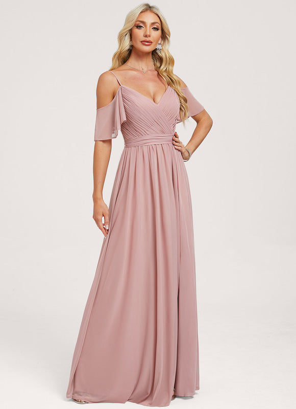 Robe de Soirée Longue Rose Décolleté Épaules Volants - gallery 1