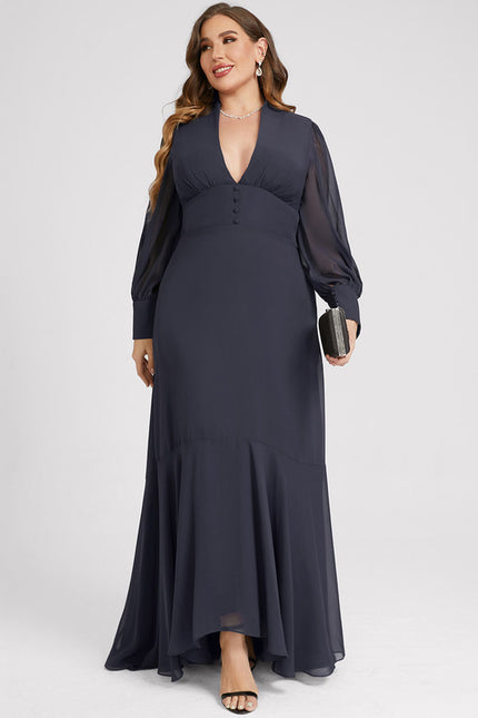 Robe de Soirée Longue Bleue En Mousseline Asymétrique - gallery 8