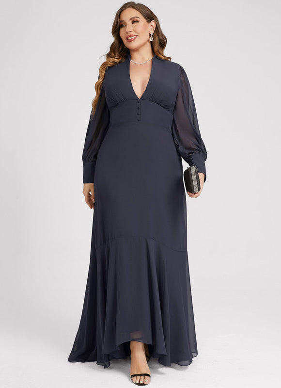 Robe de Soirée Longue Bleue En Mousseline Asymétrique - gallery 8