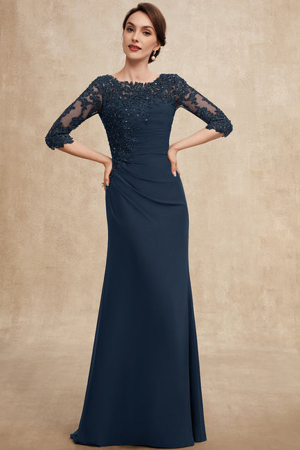 Robe de Soirée Longue Bleu Marine Dentelle Paillettes