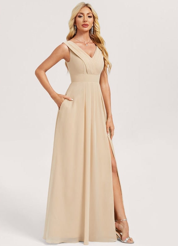 Robe de Soirée Mousseline Beige - gallery 2