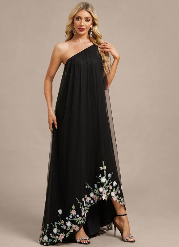 Robe de Soirée Noire Florale Asymétrique - gallery 4