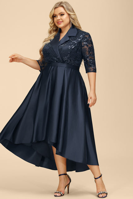 Robe de Soirée Longue Bleu Satin Dentelle Paillettes - gallery 9