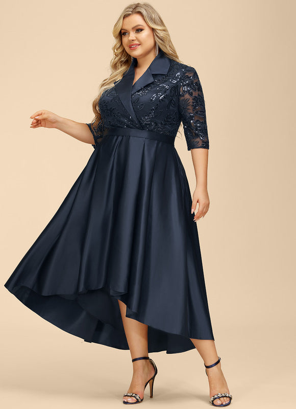 Robe de Soirée Longue Bleu Satin Dentelle Paillettes - gallery 9