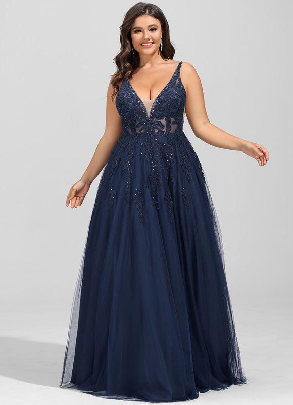 Robe de Soirée Longue Bleue Dentelle Et Paillettes - gallery 8