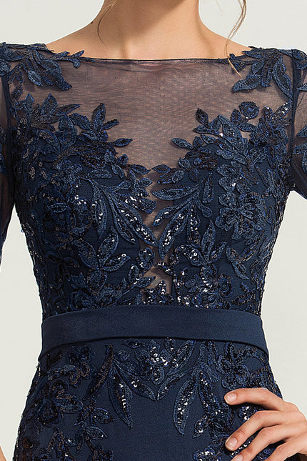 Robe de Soirée Longue Bleue En Dentelle Élégante - gallery 1