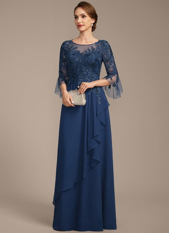 Robe de Soirée Longue Bleu Marine Dentelle Mousseline Volants - gallery 3