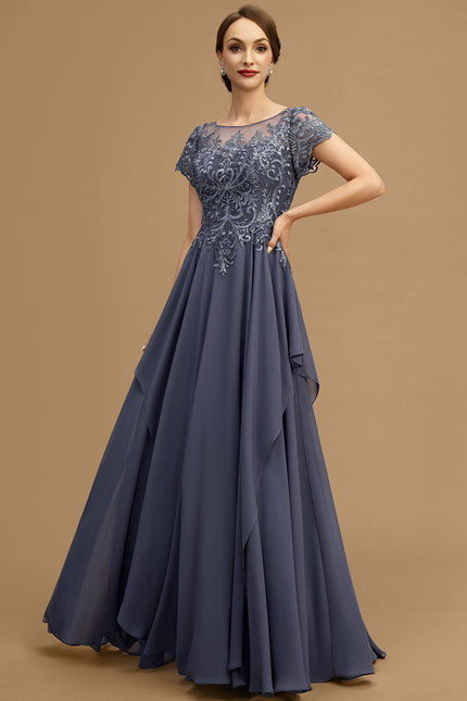 Robe de Soirée Longue Bleu Marine Dentelle Mousseline Volants