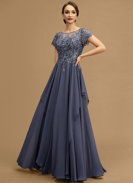 Robe de Soirée Longue Bleu Marine Dentelle Mousseline Volants