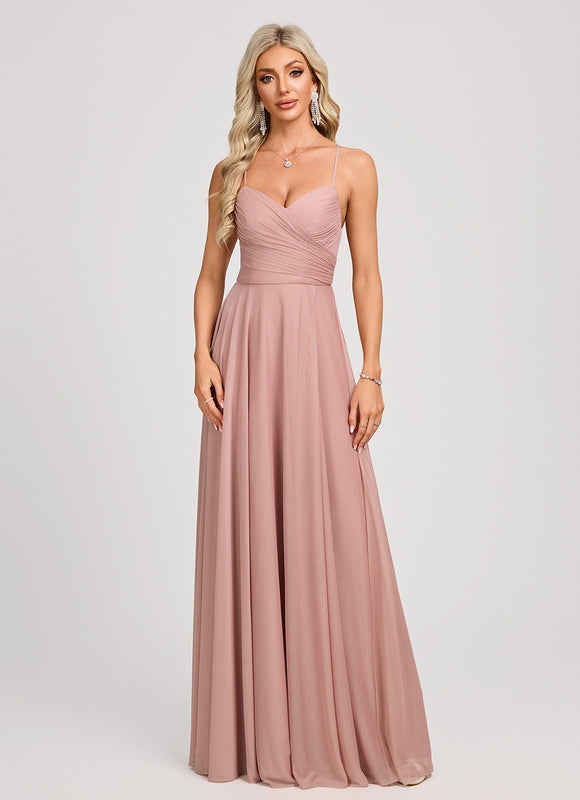 Robe de Soirée Longue Rose Pâle Mesh Plissée Bal