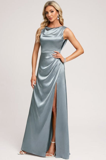 Robe de Soirée Satin Bleu Poudré - gallery 1
