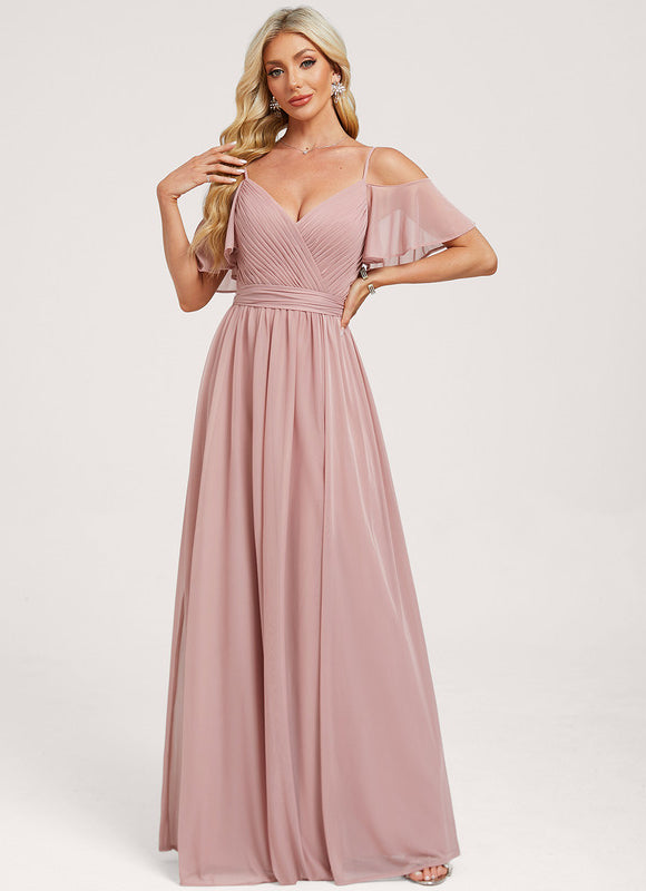 Robe de Soirée Longue Rose Décolleté Épaules Volants - gallery 2