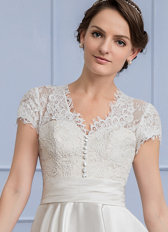 Robe de Soirée Longue Blanche En Satin Et Dentelle - gallery 4