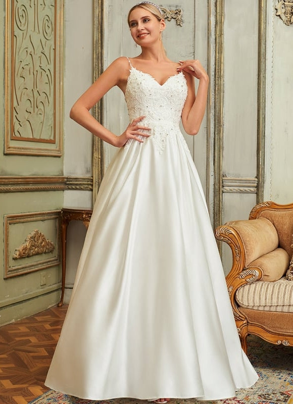 Robe de Soirée Longue Mariée Satin Dentelle Perles Blanche - gallery 3