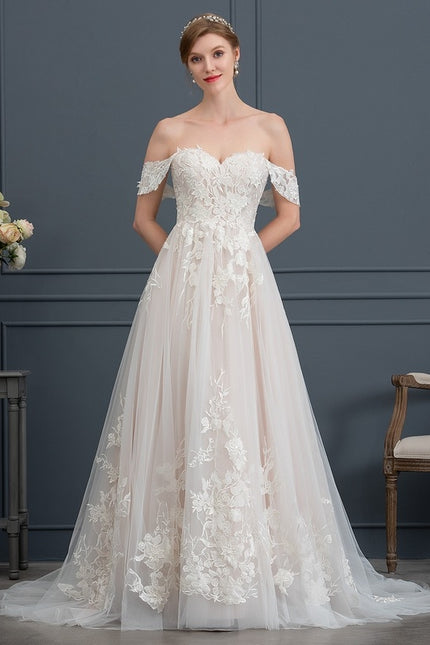 Robe de Soirée Longue Blanche Princesse Tulle Dentelle Mariée - gallery 1