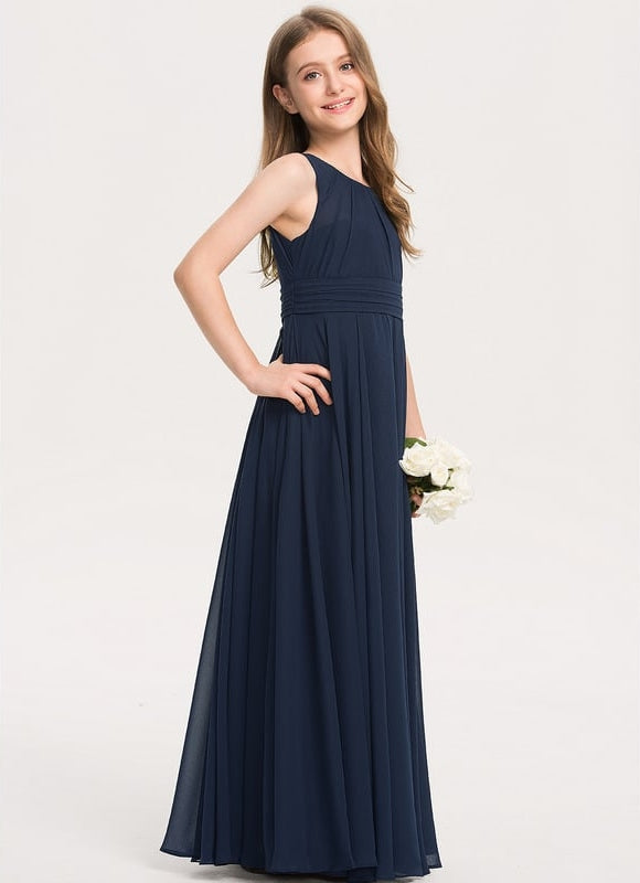 Robe de Soirée Longue Bleue En Mousseline Pour Demoiselle D'Honneur - gallery 2