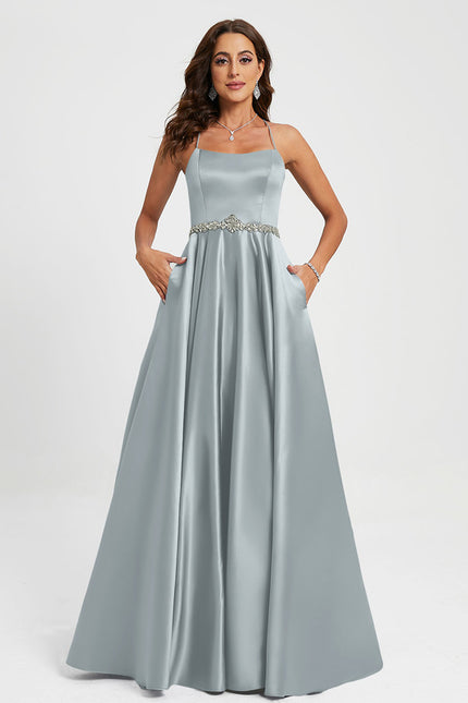 Robe de Soirée Longue Bleu Satin Strass Bal