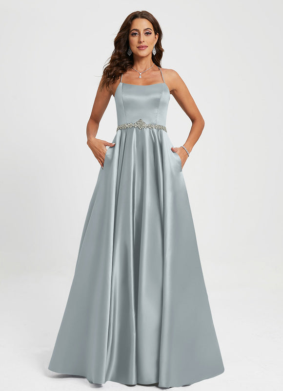 Robe de Soirée Longue Bleu Satin Strass Bal