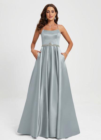 Robe de Soirée Longue Bleu Satin Strass Bal