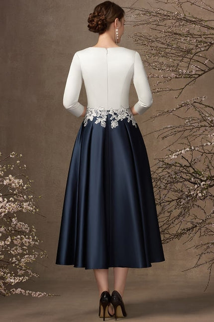 Robe de Soirée Longue Blanche Et Bleue Satin À Dentelle - gallery 4