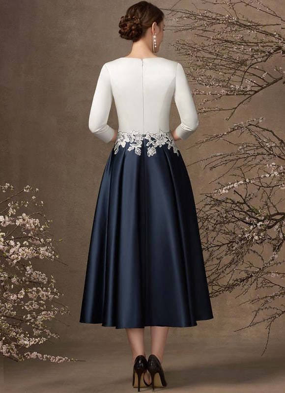 Robe de Soirée Longue Blanche Et Bleue Satin À Dentelle - gallery 4