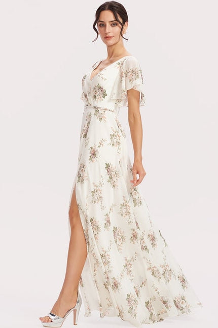Robe de Soirée Mousseline Beige - gallery 1