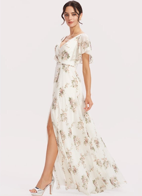 Robe de Soirée Mousseline Beige - gallery 1
