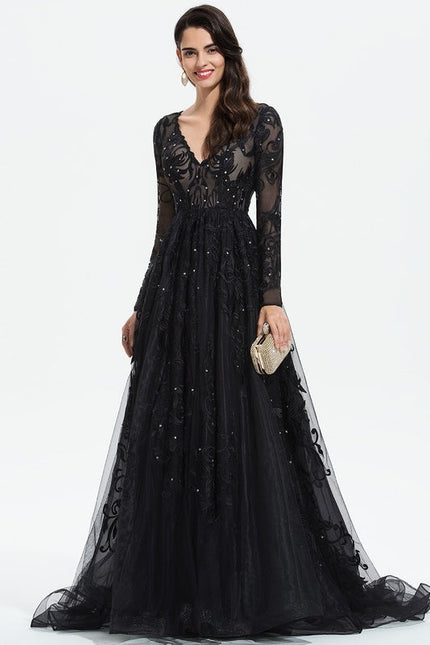 Robe Longue Noire Dentelle Paillettes Soirée - gallery 4