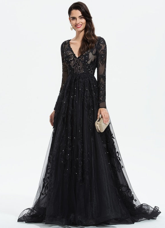 Robe Longue Noire Dentelle Paillettes Soirée - gallery 4