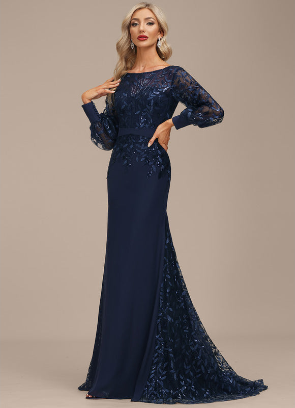 Robe Longue Bleue Sirène Dentelle Soirée - gallery 1