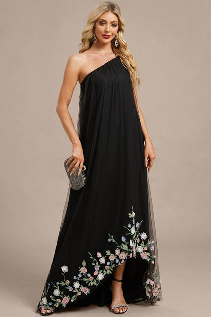 Robe de Soirée Noire Florale Asymétrique - gallery 1