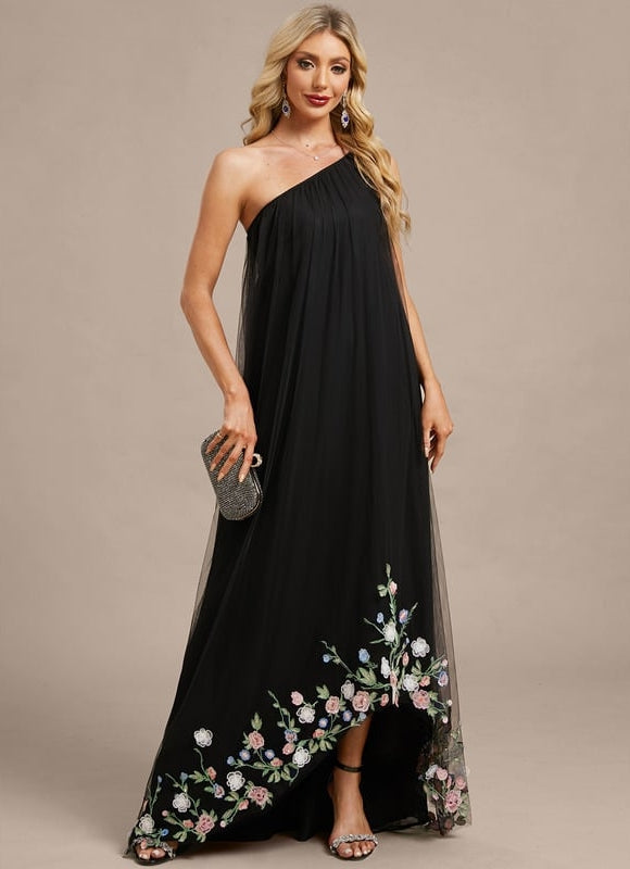 Robe de Soirée Noire Florale Asymétrique - gallery 1