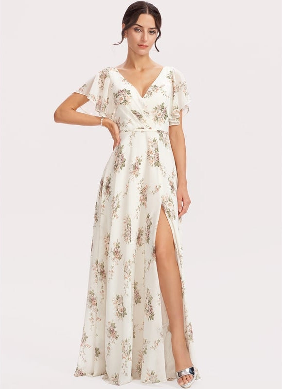 Robe de Soirée Mousseline Beige - gallery 5