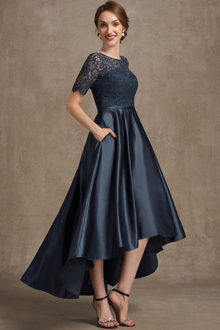 Robe de Soirée Longue Bleu Satiné Dentelle.