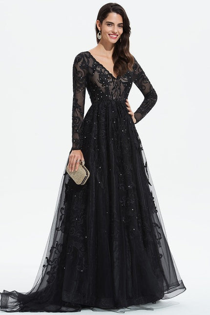 Robe Longue Noire Dentelle Paillettes Soirée - gallery 3