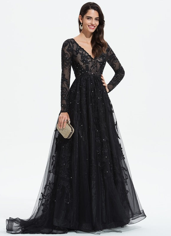 Robe Longue Noire Dentelle Paillettes Soirée - gallery 3
