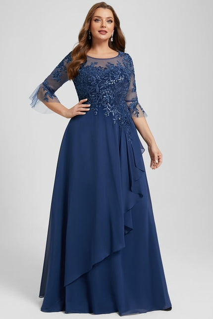 Robe de Soirée Longue Bleu Marine Dentelle Mousseline Volants - gallery 7