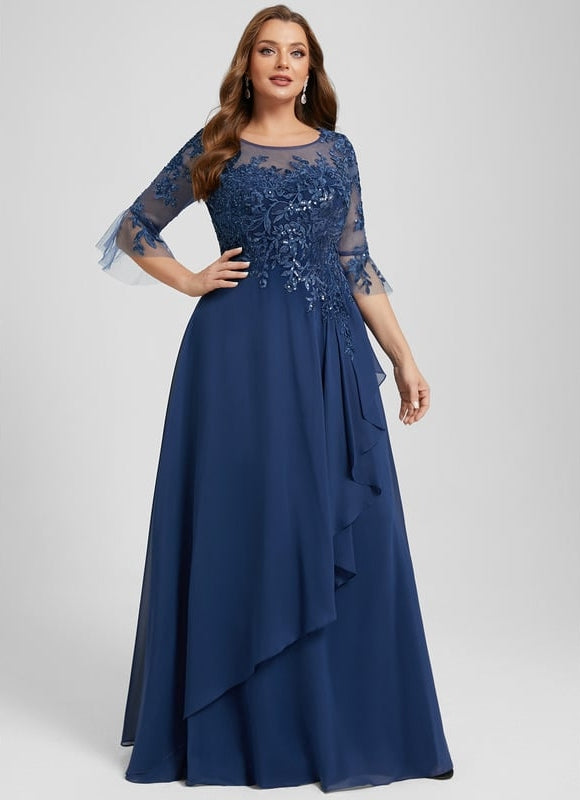 Robe de Soirée Longue Bleu Marine Dentelle Mousseline Volants - gallery 7