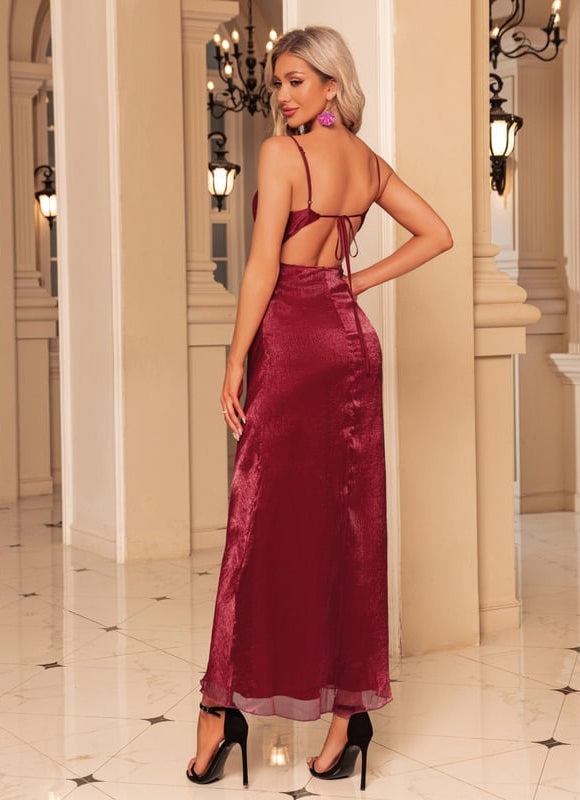 Robe de Soirée Maxi Satinée Bordeaux - gallery 6