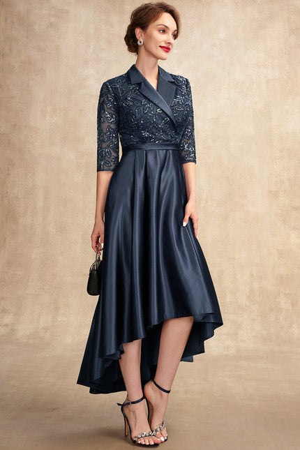 Robe de Soirée Longue Bleu Satin Dentelle Paillettes - gallery 5