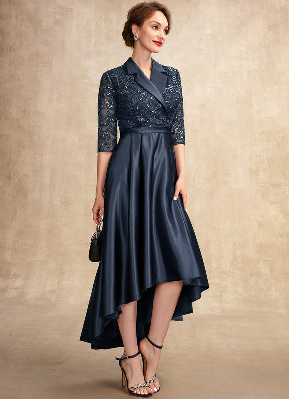 Robe de Soirée Longue Bleu Satin Dentelle Paillettes - gallery 5