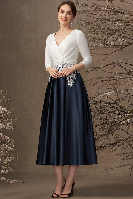 Robe de Soirée Longue Blanche Et Bleue Satin À Dentelle - gallery 3
