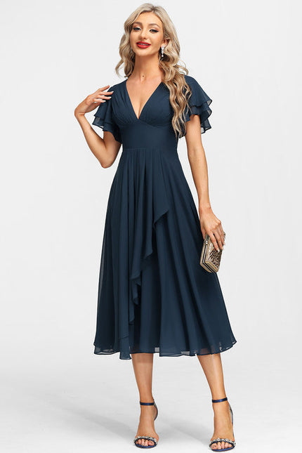 Robe de Soirée Longue Bleue Mousseline À Volants