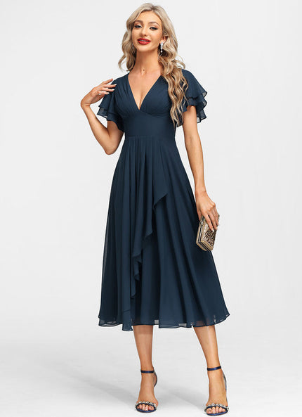 Robe de Soirée Longue Bleue Mousseline À Volants