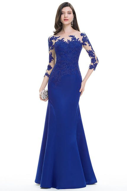 Robe de Soirée Longue Bleue Sirène Dentelle Satin - gallery 2