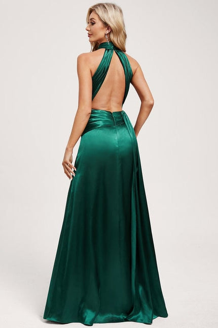 Robe Longue Verte Satin Extensible Volants Soirée - gallery 5