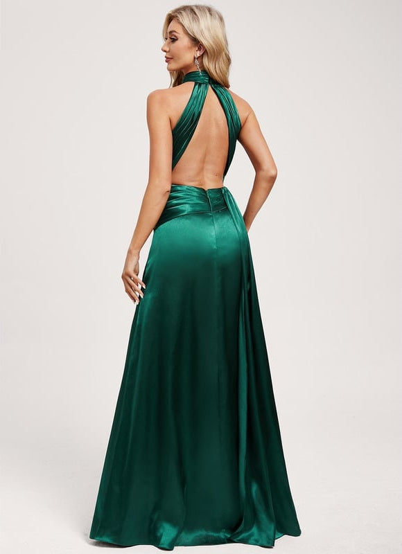 Robe Longue Verte Satin Extensible Volants Soirée - gallery 5